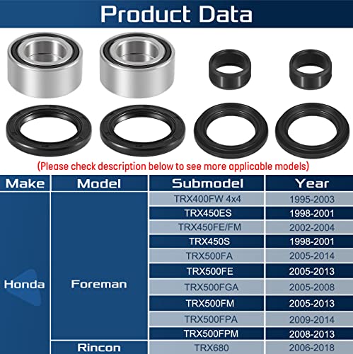 Front Wheel Bearings & Seals Kit Fit for Honda Foreman TRX400 / TRX450 / TRX500 / TRX680 FE FM FPE FPM, Pre Lubricated, Stable Performance