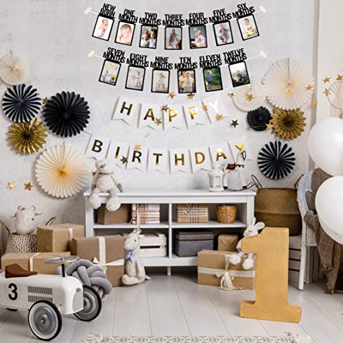 PartyHooman 1st Birthday Photo Banner for Baby from Newborn to 12 Months, First Birthday Decorations Girl Monthly Milestones Garland | First Birthday Photo Banner Pre-strung with Frame (Black)