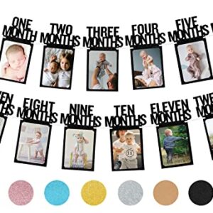 PartyHooman 1st Birthday Photo Banner for Baby from Newborn to 12 Months, First Birthday Decorations Girl Monthly Milestones Garland | First Birthday Photo Banner Pre-strung with Frame (Black)