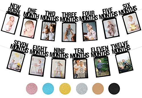 PartyHooman 1st Birthday Photo Banner for Baby from Newborn to 12 Months, First Birthday Decorations Girl Monthly Milestones Garland | First Birthday Photo Banner Pre-strung with Frame (Black)