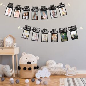 PartyHooman 1st Birthday Photo Banner for Baby from Newborn to 12 Months, First Birthday Decorations Girl Monthly Milestones Garland | First Birthday Photo Banner Pre-strung with Frame (Black)