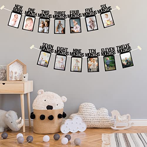 PartyHooman 1st Birthday Photo Banner for Baby from Newborn to 12 Months, First Birthday Decorations Girl Monthly Milestones Garland | First Birthday Photo Banner Pre-strung with Frame (Black)