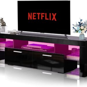 ADDJY Black TV Stands with LED Lights High Gloss TV Entertainment Center for 70 Inch TV with 2 Flip Down Drawers and Open Shelves, Modern Console Media Table Storage Desk for Up to 70 Inch TV