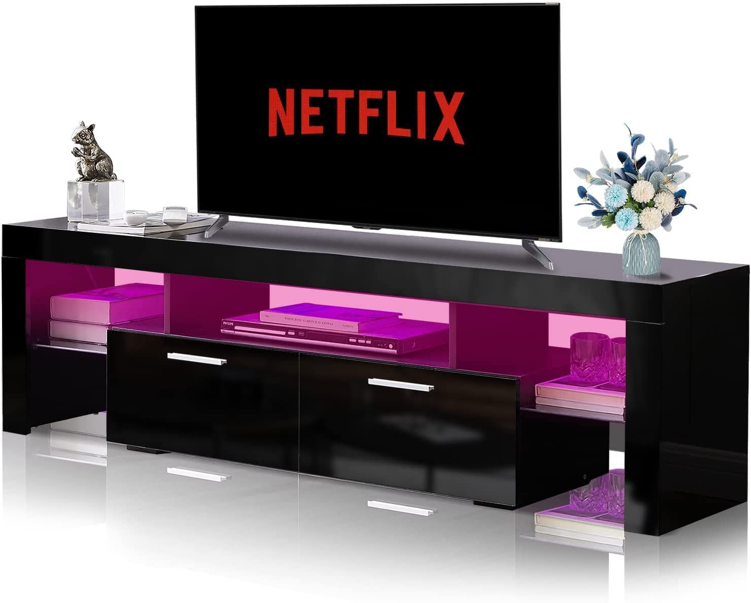 ADDJY Black TV Stands with LED Lights High Gloss TV Entertainment Center for 70 Inch TV with 2 Flip Down Drawers and Open Shelves, Modern Console Media Table Storage Desk for Up to 70 Inch TV