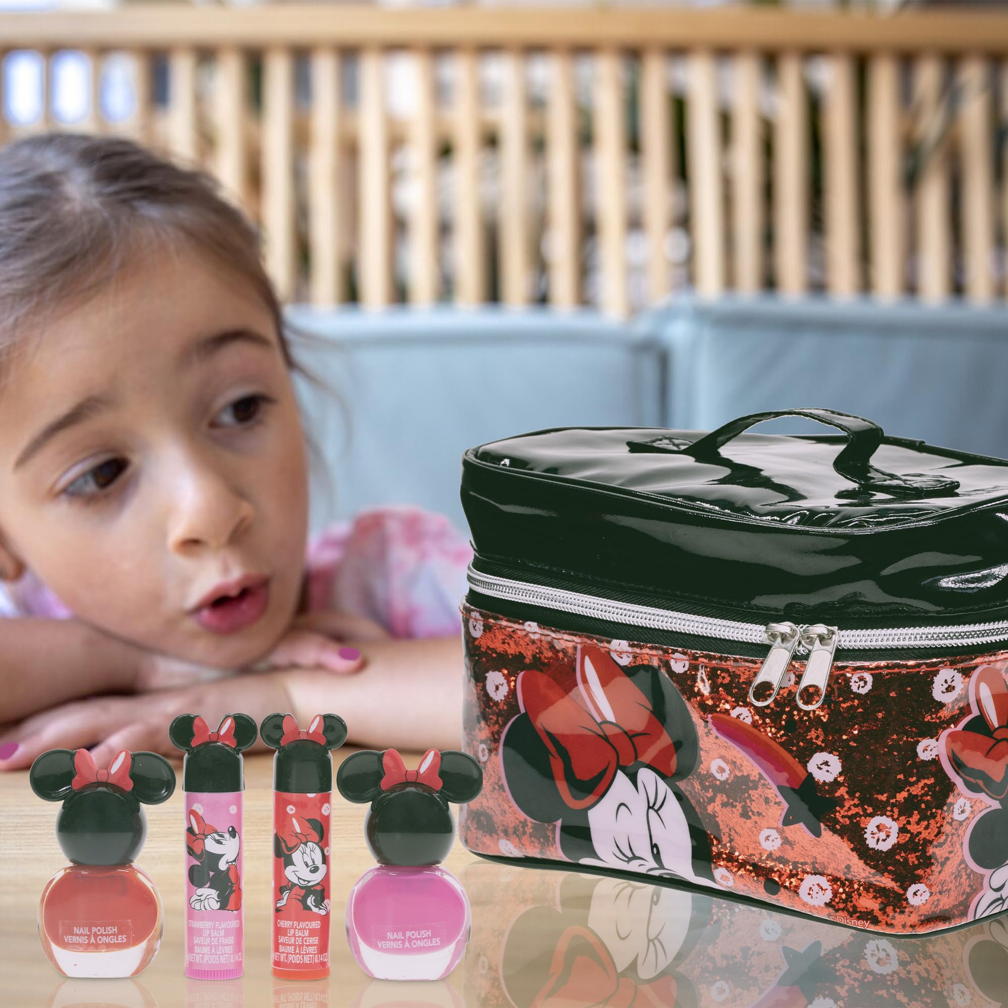 Townley Girl Disney Minnie Mouse Zipper Cosmetic Train Case With Lip Gloss, Lip Balm, Hair Clips, Nail Stickers, Scrunchie and More, Ages 3+, for Parties, Sleepovers and Makeovers