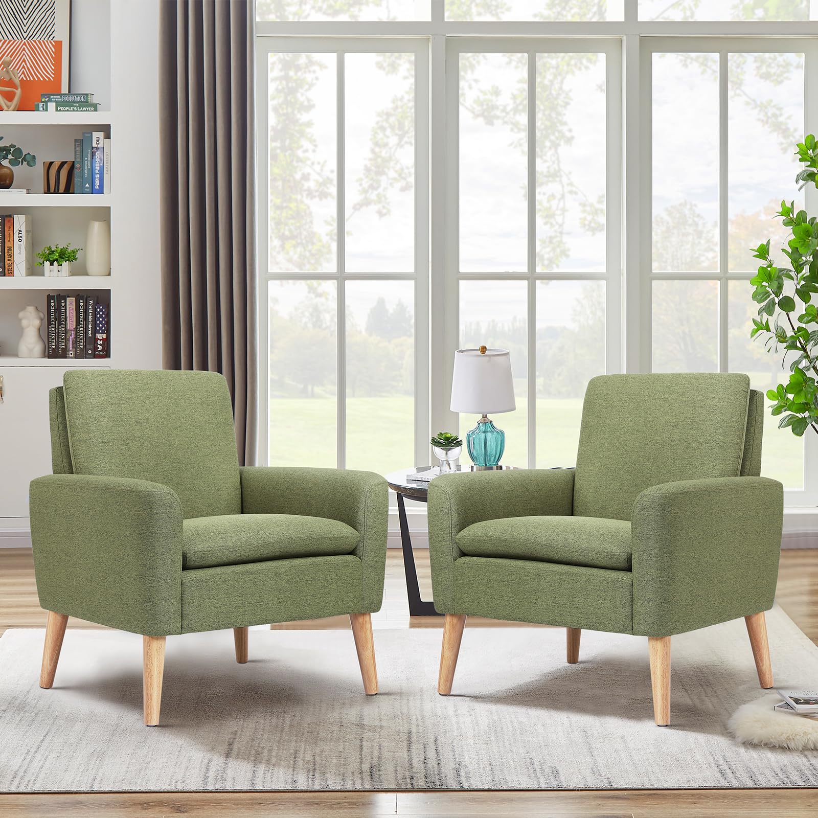 Lohoms Mid-Century Modern Fabric Accent Chair Single Sofa Comfy Upholstered Arm Chair Living Room Furniture (Green)