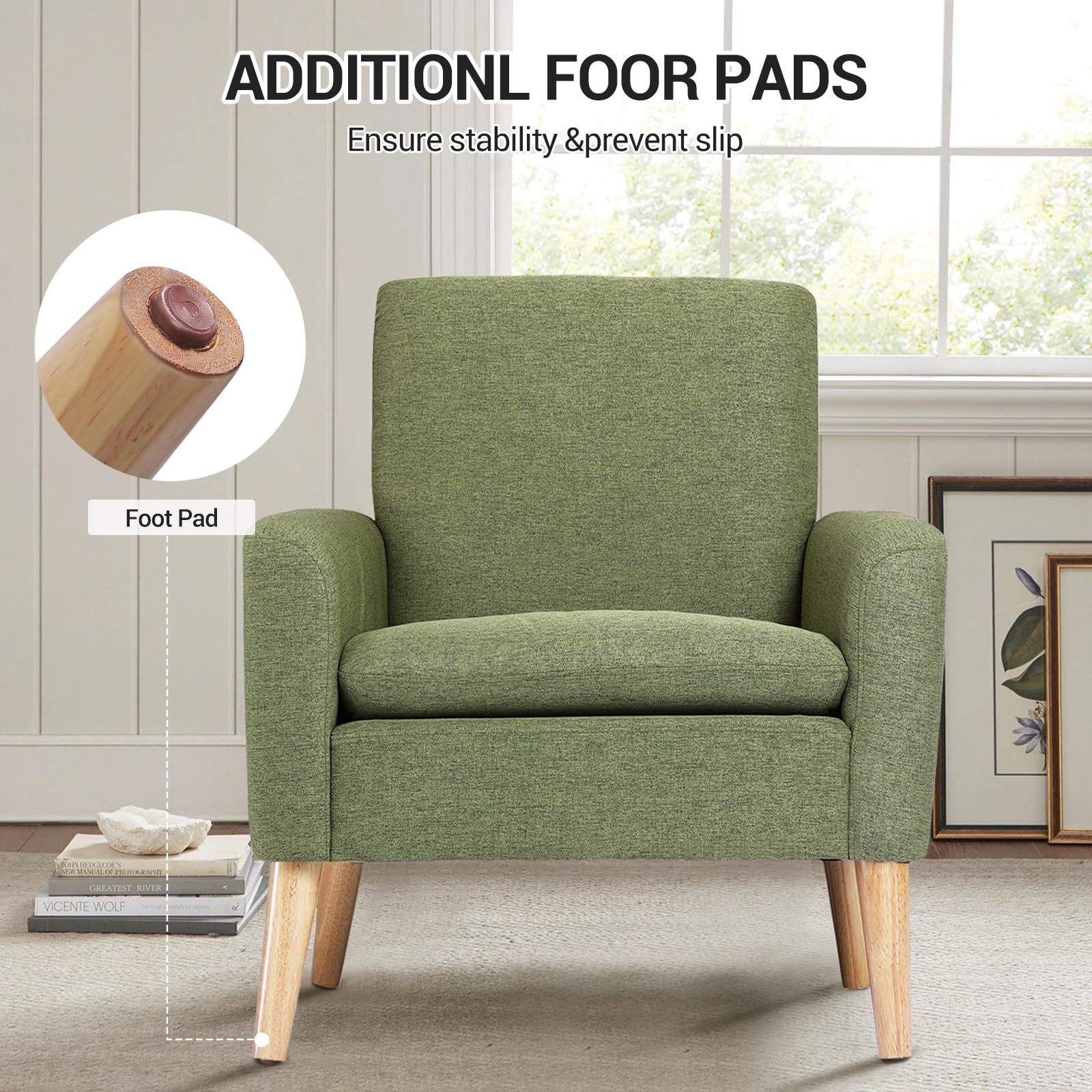 Lohoms Mid-Century Modern Fabric Accent Chair Single Sofa Comfy Upholstered Arm Chair Living Room Furniture (Green)