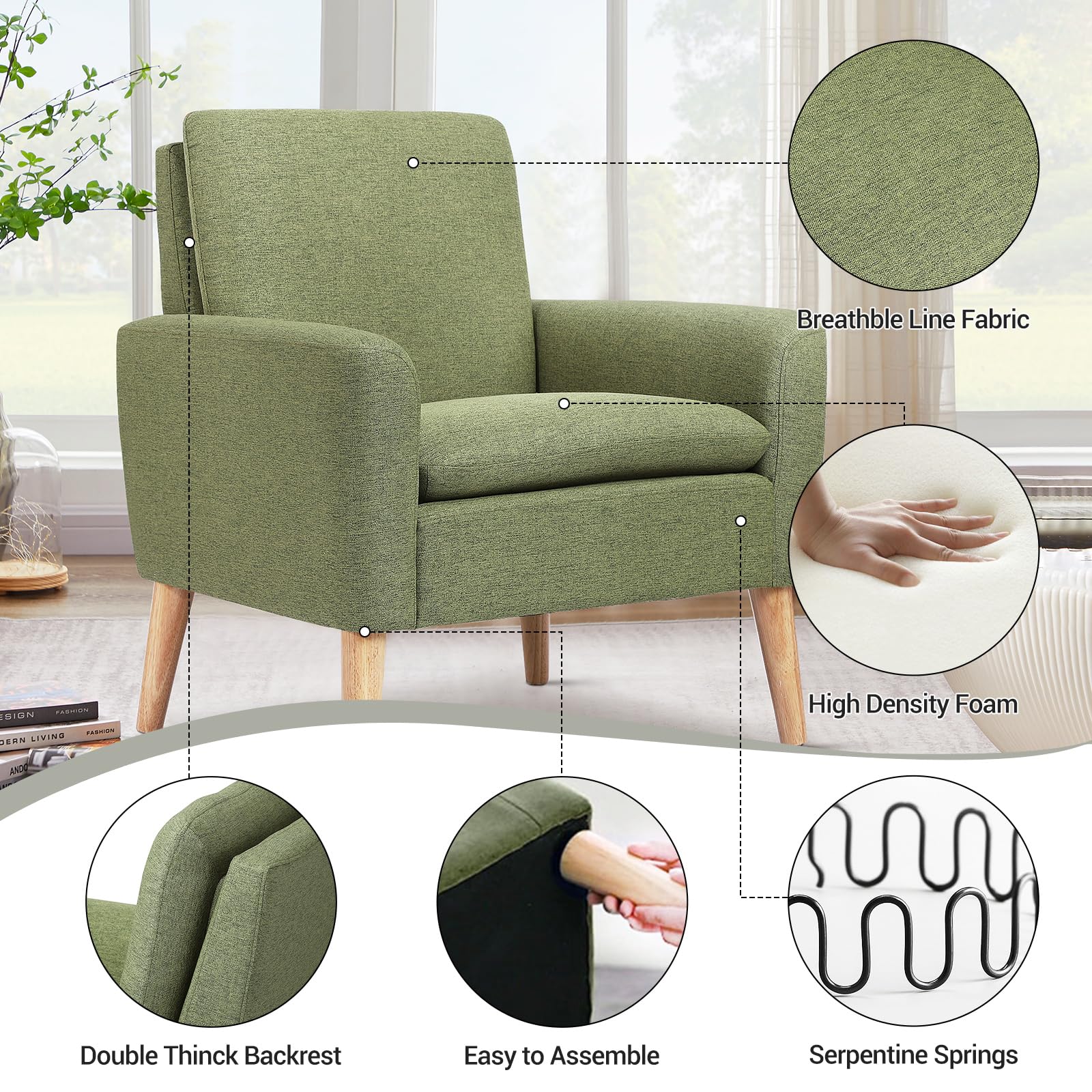 Lohoms Mid-Century Modern Fabric Accent Chair Single Sofa Comfy Upholstered Arm Chair Living Room Furniture (Green)