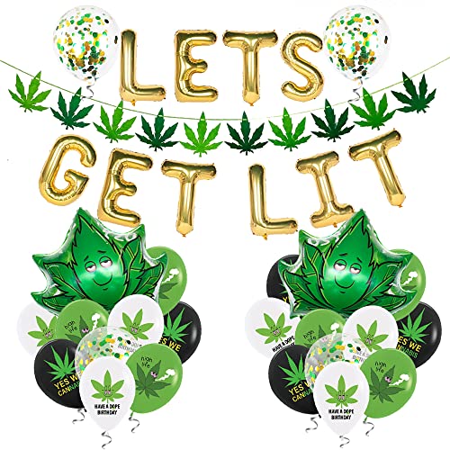 CYMYLAR 47pcs 'lets get lit' Party decorations for adults, weed set includes Latex Marijuana balloons, weed shape foil balloons and banner, Green Confetti balloons, For cannabis birthday-themed party