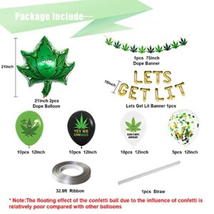 CYMYLAR 47pcs 'lets get lit' Party decorations for adults, weed set includes Latex Marijuana balloons, weed shape foil balloons and banner, Green Confetti balloons, For cannabis birthday-themed party