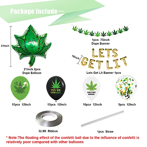 CYMYLAR 47pcs 'lets get lit' Party decorations for adults, weed set includes Latex Marijuana balloons, weed shape foil balloons and banner, Green Confetti balloons, For cannabis birthday-themed party