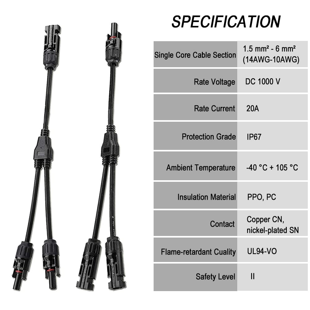 iSunergy Solar Connector Y Branch Connector 2 to 1 Parallel Adapter Cable Wire Plug Tool Kit for Solar Panel (M/FF + F/MM)