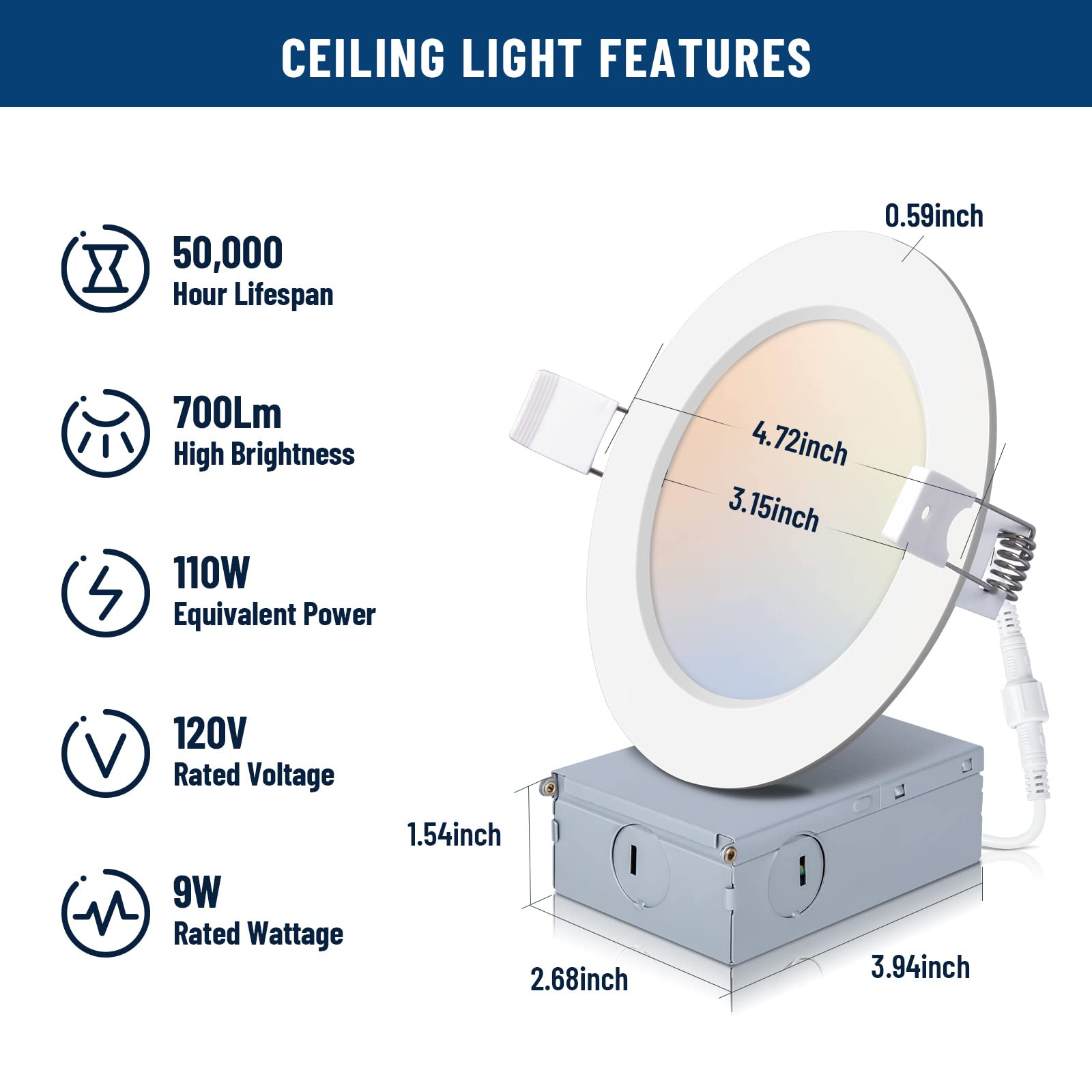 POWERASIA 2 Pack Recessed Lighting 4 Inch with Junction Box, 2700K/3000K/4000K/5000K/6000K Dimmable Flush Mount Ceiling Light, 9W 700lm Canless Recessed Lighting-ETL and Energy Star Certified