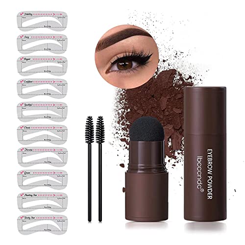 Eyebrow Stencil Kit, One Step Brow Powder Stamp Makeup with 10 Reusable Eyebrow Stencils＆2 Eyebrow Pen Brushes, Professional Waterproof Brow Powder Stamp (Dark Brown)