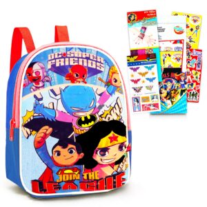 dc shop wonder woman and friends mini backpack toddler preschool ~ bundle with 11in justice league featuring superman, batman, woman, flash, aquaman, stickers more,