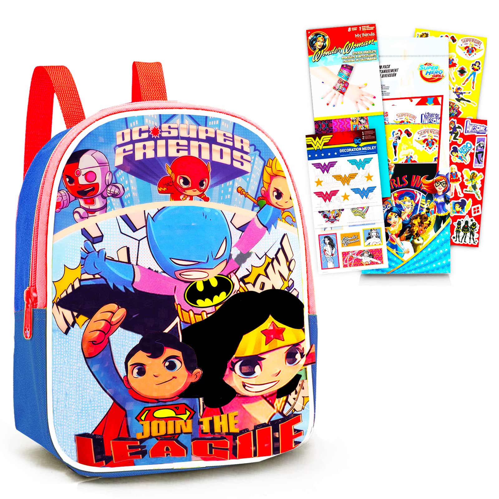 DC Shop Wonder Woman and Friends Mini Backpack Toddler Preschool ~ Bundle with 11In Justice League Featuring Superman, Batman, Woman, Flash, Aquaman, Stickers More,