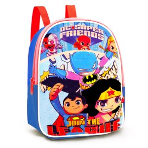 DC Shop Wonder Woman and Friends Mini Backpack Toddler Preschool ~ Bundle with 11In Justice League Featuring Superman, Batman, Woman, Flash, Aquaman, Stickers More,