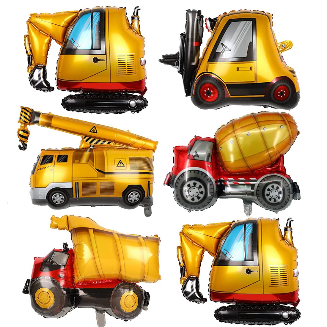 6 Pcs Construction Balloons Excavator Balloon Dump Truck Foil Balloon Forklift Mixer Truck Crane Balloon for Construction Birthday Party Supplies