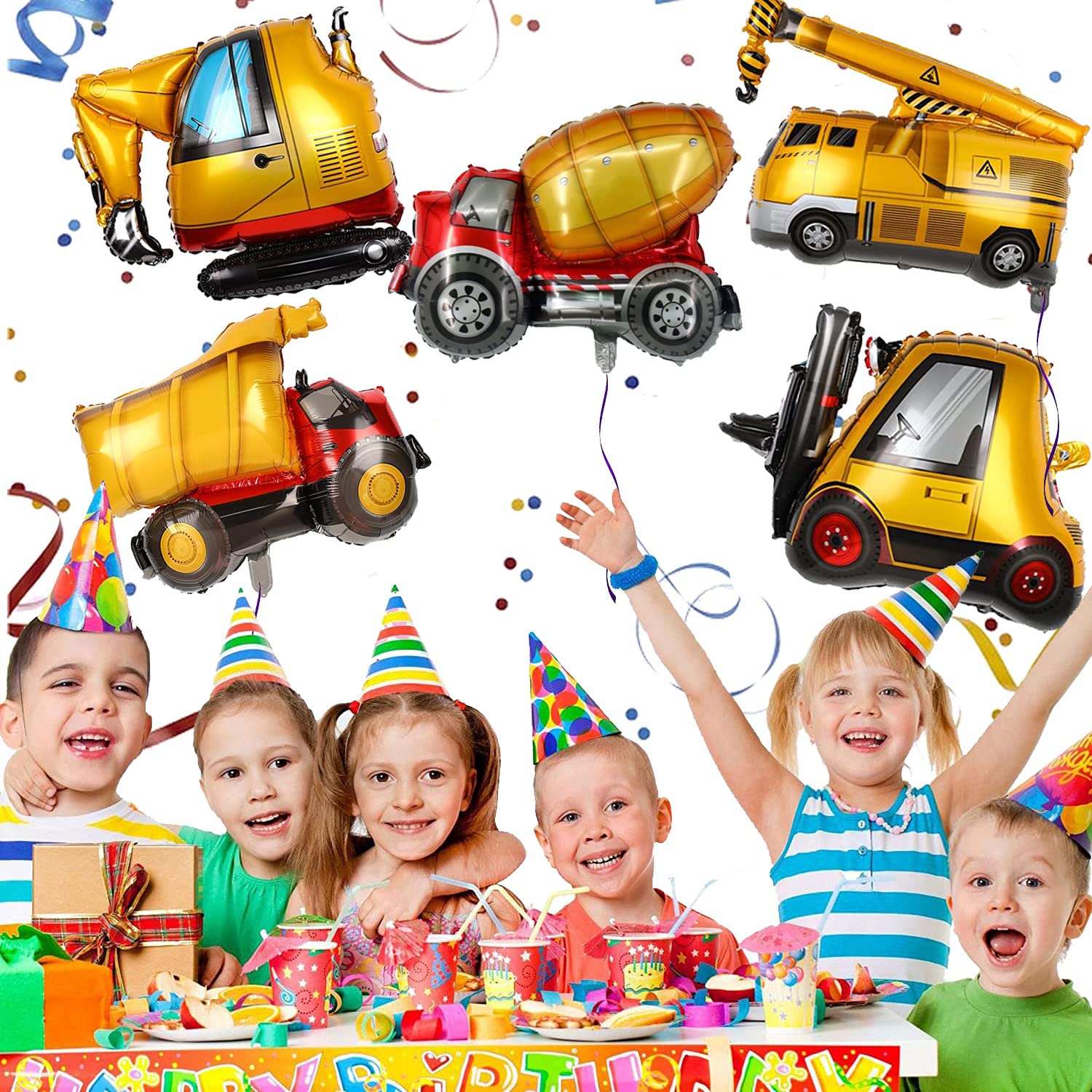 6 Pcs Construction Balloons Excavator Balloon Dump Truck Foil Balloon Forklift Mixer Truck Crane Balloon for Construction Birthday Party Supplies