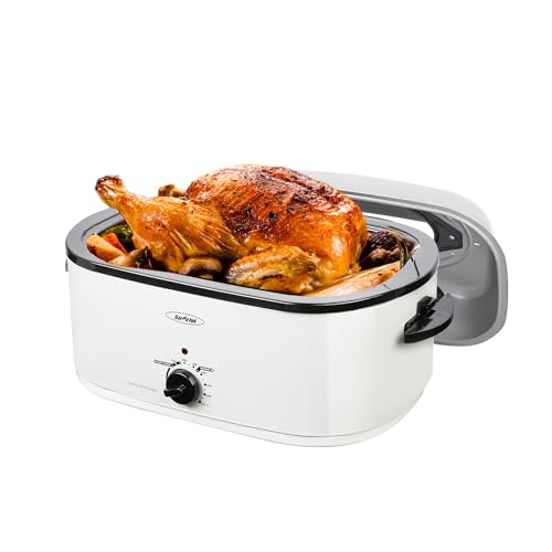 Sunvivi 26 Quart Roaster Oven, Electric Roaster Oven with Glass Lid, Turkey Roaster Oven Buffet with Self-Basting Lid, Removable Pan, Cool-Touch Handles, Silver