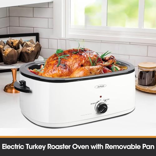 Sunvivi 26 Quart Roaster Oven, Electric Roaster Oven with Glass Lid, Turkey Roaster Oven Buffet with Self-Basting Lid, Removable Pan, Cool-Touch Handles, Silver