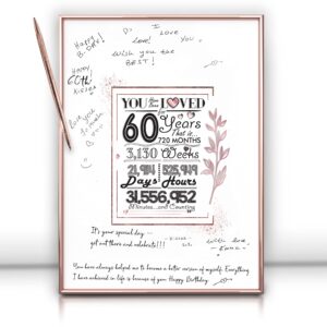 framed rose gold 60th birthday decorations sign poster for girl - 60 birthday gift 12"x16" guest party favors book alternative – with pen & wall hanger – great 60 years old gifts for womens