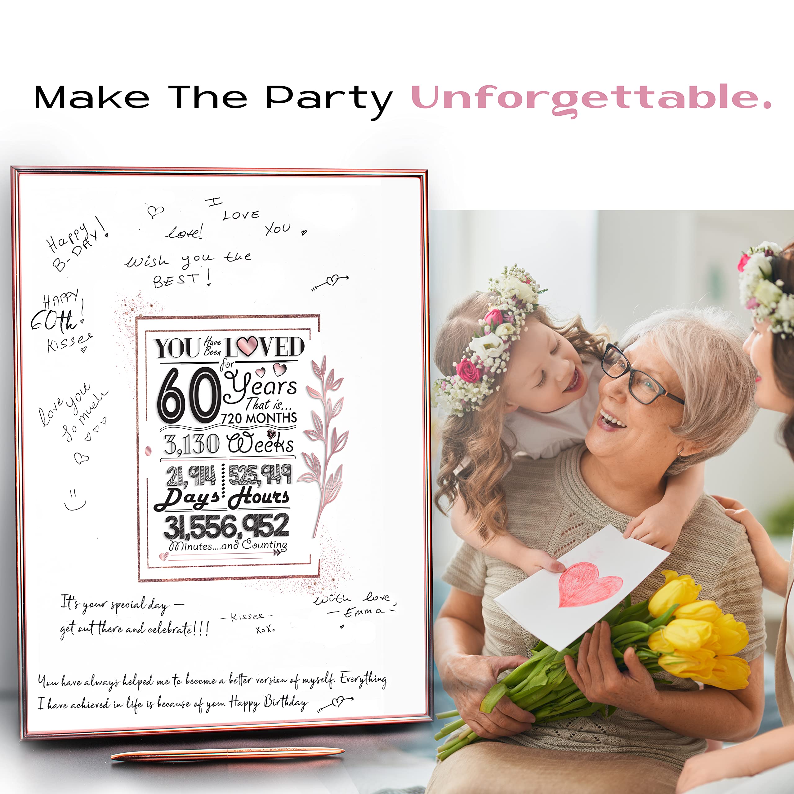 Framed Rose Gold 60th Birthday Decorations Sign Poster for Girl - 60 Birthday Gift 12"x16" Guest Party Favors Book Alternative – With Pen & Wall Hanger – Great 60 Years Old Gifts for Womens