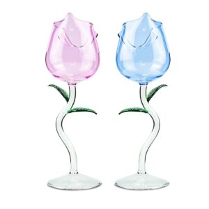 2pcs rose wine glass, creative red wine glass, rose flower goblet, wine cocktail juice glass for party dinner wedding festival kitchen bar celebration (260ml, blue and pink)