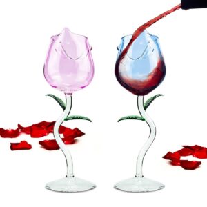 2pcs Rose Wine Glass, Creative Red Wine Glass, Rose Flower Goblet, Wine Cocktail Juice Glass for Party Dinner Wedding Festival Kitchen Bar Celebration (260ml, Blue and Pink)