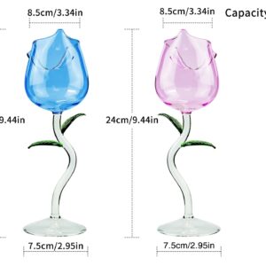 2pcs Rose Wine Glass, Creative Red Wine Glass, Rose Flower Goblet, Wine Cocktail Juice Glass for Party Dinner Wedding Festival Kitchen Bar Celebration (260ml, Blue and Pink)