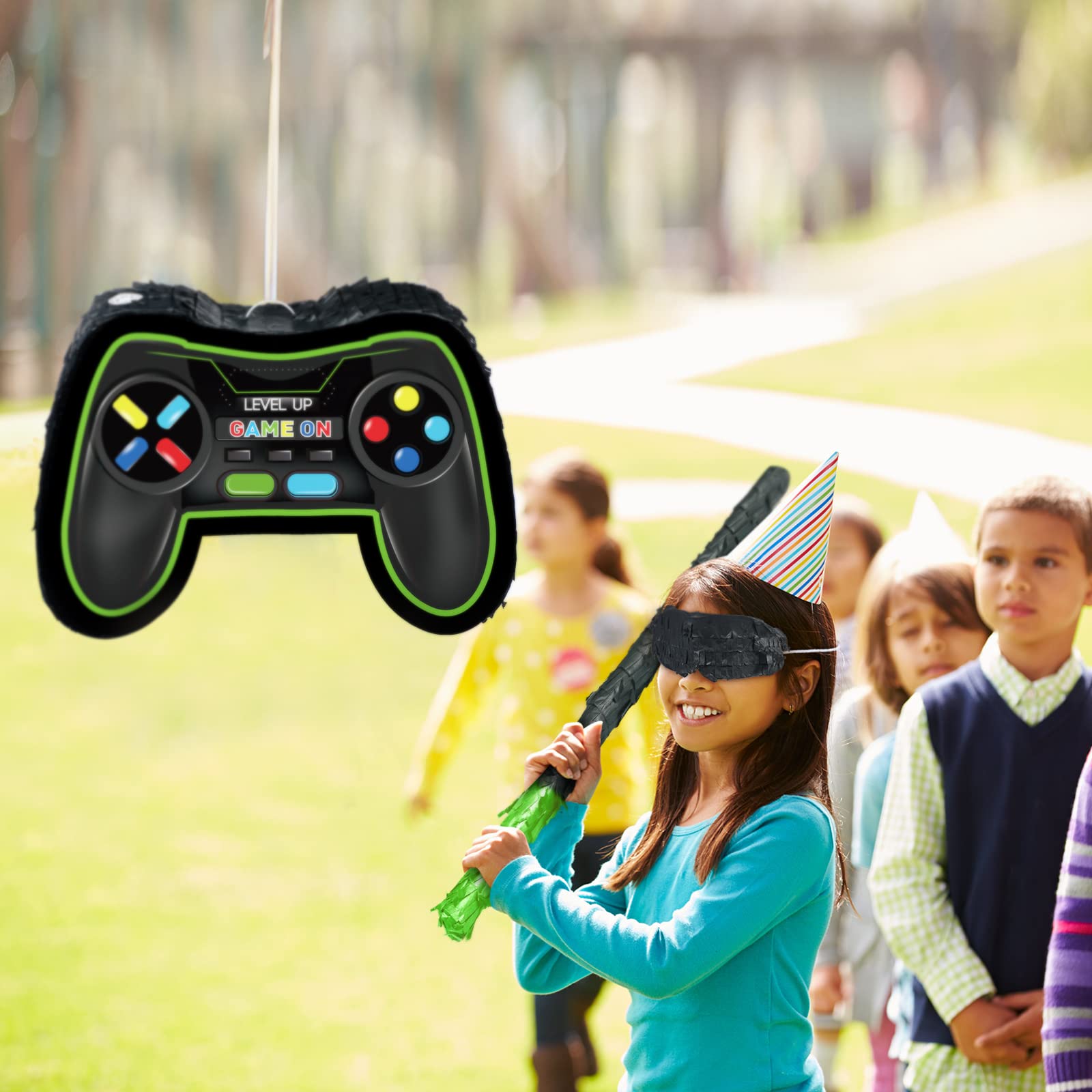 Video Game Controller Pinata Bundle Fiesta Gaming Controller Pinata Set with Blindfold and Bat Kids Birthday Gamer Party Supplies Game Toy for Kids Gaming Theme Party Carnival Events Decor (Green)