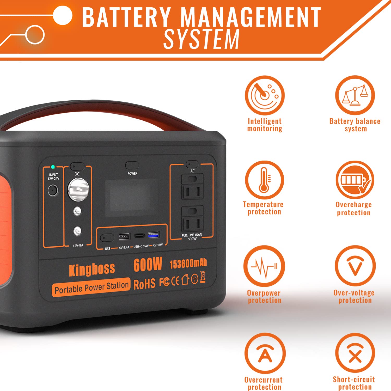 Portable Generator, Power Station 600W (Peak 1200W) Kingboss, 153600mAh 568WH, Lithium Battery 110V/600W, AC Outlet, 2*DC Carport, 2*USB-C, QC USB 3.0, Camping Power bank, Outdoor Indoor, RV, Outage