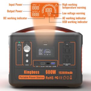 Portable Generator, Power Station 600W (Peak 1200W) Kingboss, 153600mAh 568WH, Lithium Battery 110V/600W, AC Outlet, 2*DC Carport, 2*USB-C, QC USB 3.0, Camping Power bank, Outdoor Indoor, RV, Outage