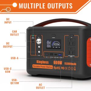 Portable Generator, Power Station 600W (Peak 1200W) Kingboss, 153600mAh 568WH, Lithium Battery 110V/600W, AC Outlet, 2*DC Carport, 2*USB-C, QC USB 3.0, Camping Power bank, Outdoor Indoor, RV, Outage