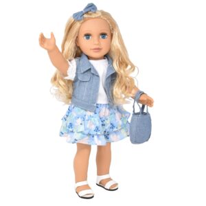 gift boutique 18 inch girl doll, fashion doll with fine blond long hair for styling, blue eyes, floral outfit denim jacket sandals boots hair bow handbag, doll clothes & accessories for girls and kids