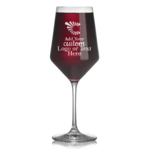 custom 18oz crystal wine glass with your custom logo design or personalized text - permanent laser engraving - wedding favors, corporate gifts, birthdays, parties or events