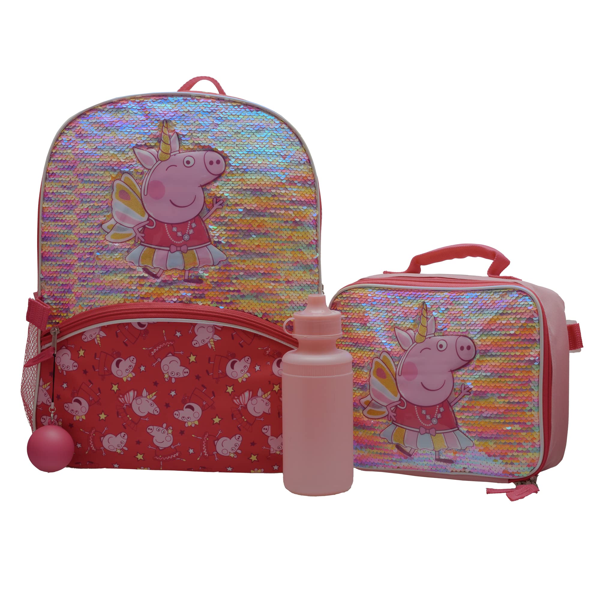 Peppa Pig Girls 4 Piece Backpack Set for Preschool & Kindergarten, Flip Sequin 16" School Bag with Front Zip Pocket, Pink