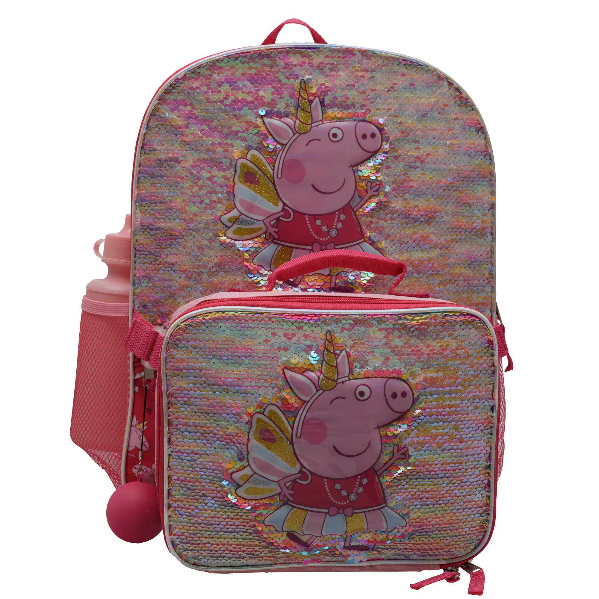 Peppa Pig Girls 4 Piece Backpack Set for Preschool & Kindergarten, Flip Sequin 16" School Bag with Front Zip Pocket, Pink