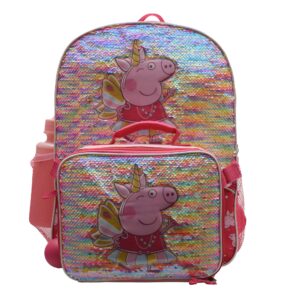 Peppa Pig Girls 4 Piece Backpack Set for Preschool & Kindergarten, Flip Sequin 16" School Bag with Front Zip Pocket, Pink