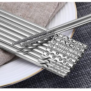 Metal Chopsticks 18/10 Stainless Steel Reusable Chopsticks Cute Laser Engraved Non-slip Korean Japanese Chinese Chopsticks,18/10 Stainless steel Dishwasher Safe for Cooking Eating 9 1/4 Inches 5 Pairs