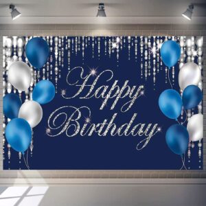 Happy Birthday Backdrop Navy Blue and Silver Happy Birthday Sign Blue Happy Birthday Banner Photo Studio Backdrop Birthday Party Supplies Photography Background for Favor Children Men Women 7x5ft