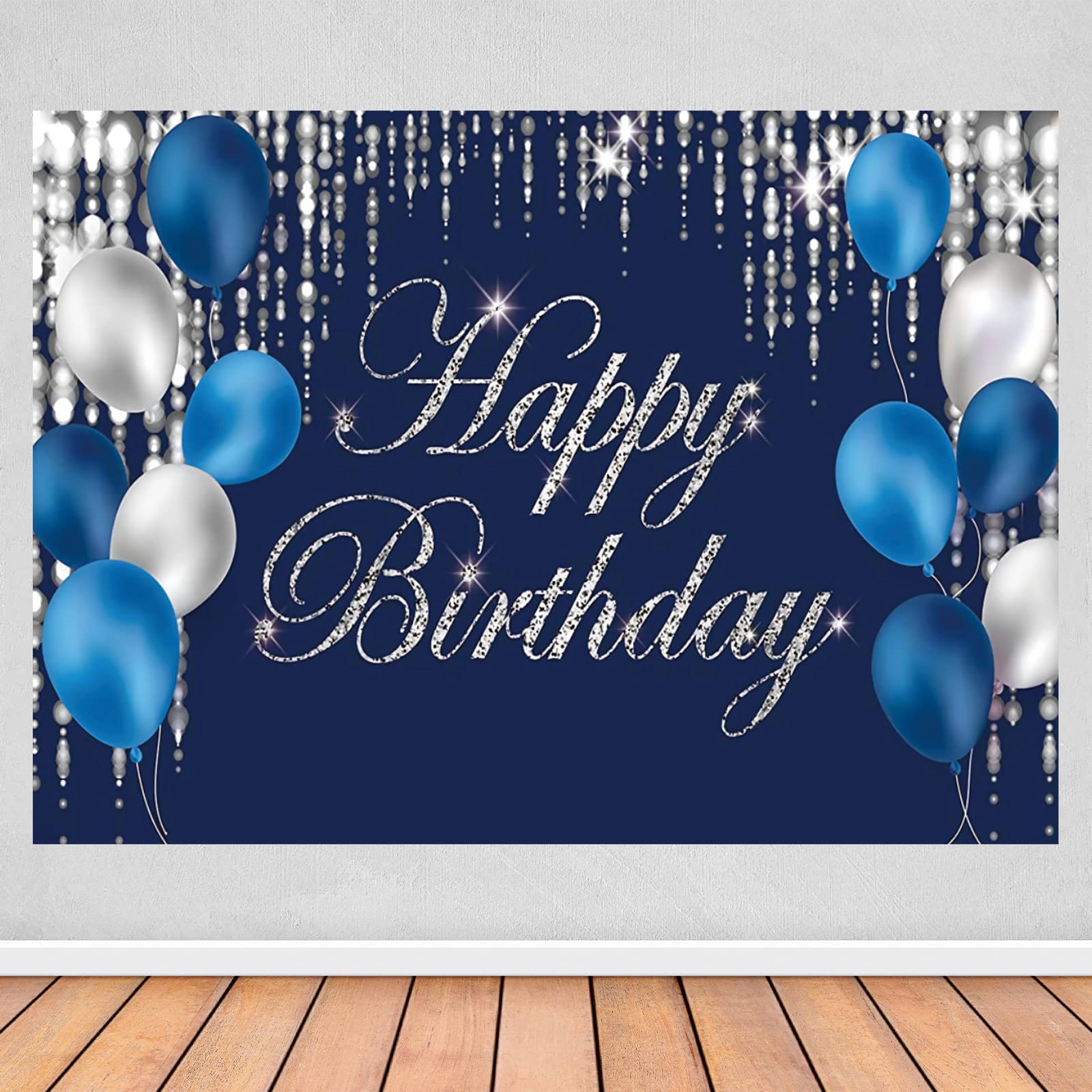 Happy Birthday Backdrop Navy Blue and Silver Happy Birthday Sign Blue Happy Birthday Banner Photo Studio Backdrop Birthday Party Supplies Photography Background for Favor Children Men Women 7x5ft