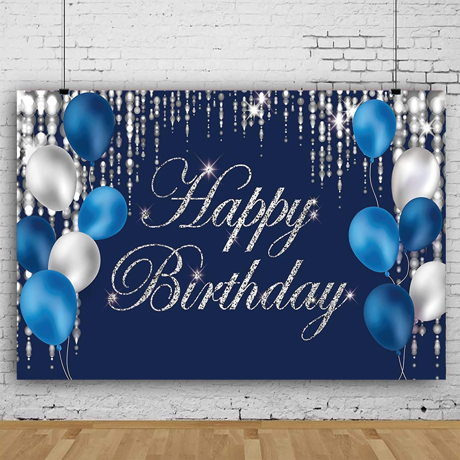 Happy Birthday Backdrop Navy Blue and Silver Happy Birthday Sign Blue Happy Birthday Banner Photo Studio Backdrop Birthday Party Supplies Photography Background for Favor Children Men Women 7x5ft