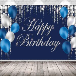 Happy Birthday Backdrop Navy Blue and Silver Happy Birthday Sign Blue Happy Birthday Banner Photo Studio Backdrop Birthday Party Supplies Photography Background for Favor Children Men Women 7x5ft