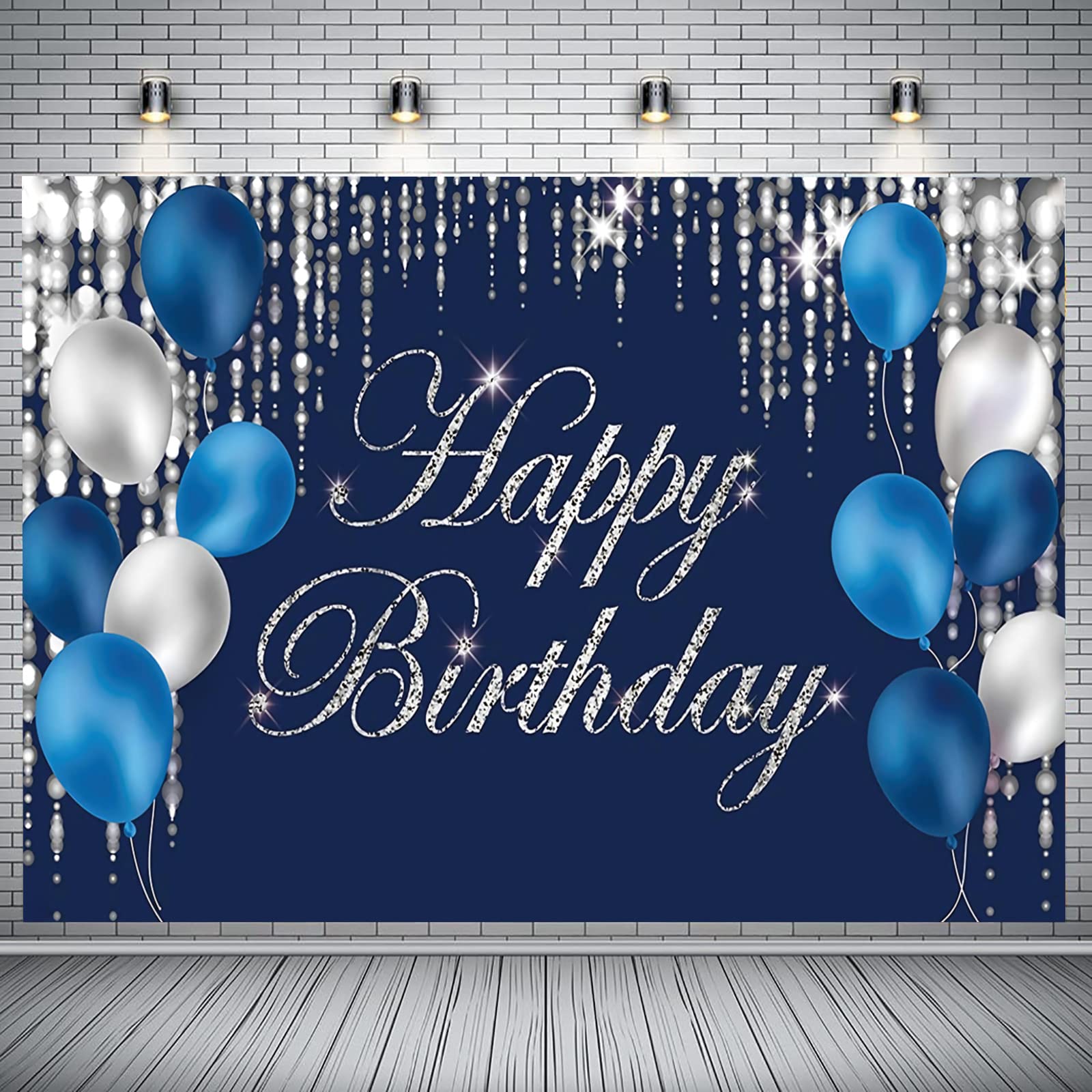 Happy Birthday Backdrop Navy Blue and Silver Happy Birthday Sign Blue Happy Birthday Banner Photo Studio Backdrop Birthday Party Supplies Photography Background for Favor Children Men Women 7x5ft