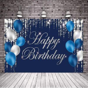 Happy Birthday Backdrop Navy Blue and Silver Happy Birthday Sign Blue Happy Birthday Banner Photo Studio Backdrop Birthday Party Supplies Photography Background for Favor Children Men Women 7x5ft