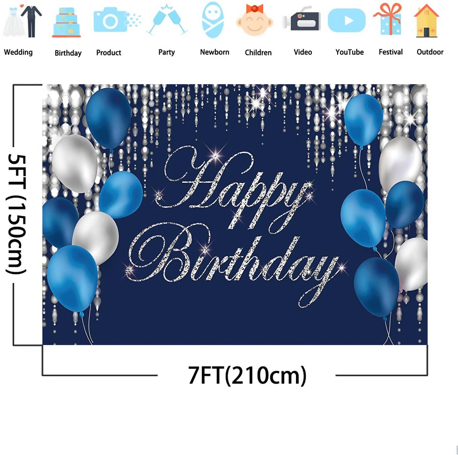 Happy Birthday Backdrop Navy Blue and Silver Happy Birthday Sign Blue Happy Birthday Banner Photo Studio Backdrop Birthday Party Supplies Photography Background for Favor Children Men Women 7x5ft