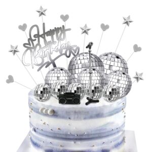 23pcs disco ball cake toppers 70's disco theme cake decoration set with dj bling silver mirror balls centerpiece and mini microphone radio toy decor for women men 1970s dance birthday party supplies