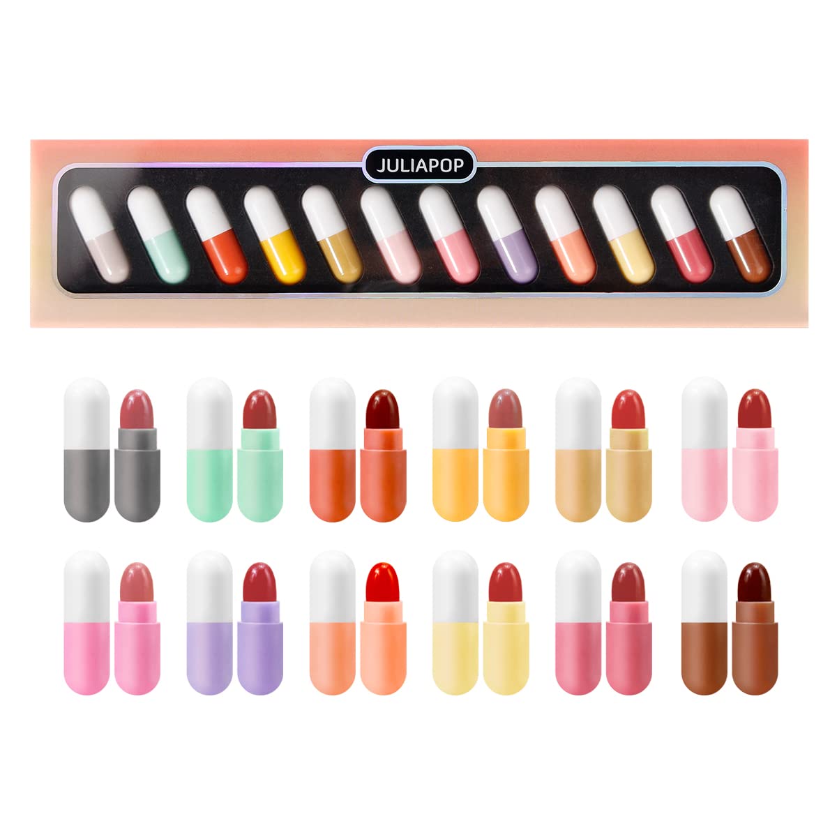 Kusslippe Mini Lipstick Set, 12 Colors Capsules Matte Pill Shaped Lipstick, Waterproof Long Lasting Mini Capsules Velvet Lipstick Set for Women (12 PCS)