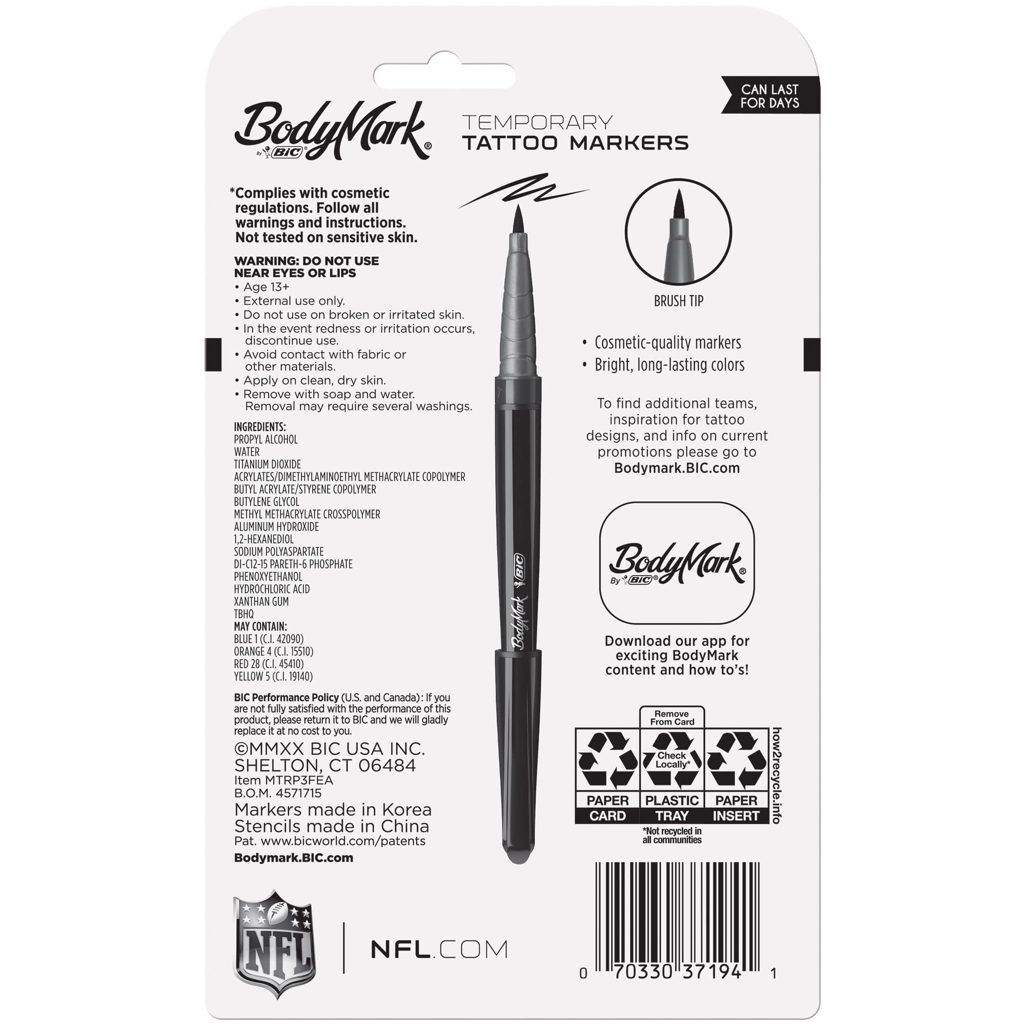 BIC BodyMark, Temporary Tattoo Marker, NFL Series, Philadelphia Eagles, Skin Safe, Brush Tip, Assorted Colors, 3-Pack with Stencils
